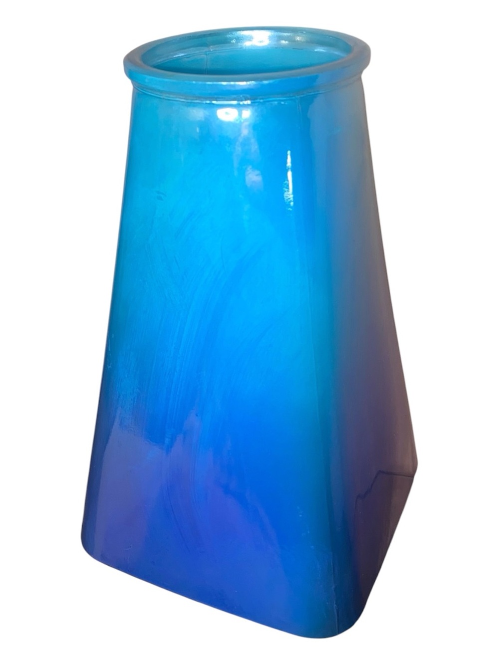 GLASS VASE Iridescent Turquoise Blue Ombre Art Deco Vase 7”